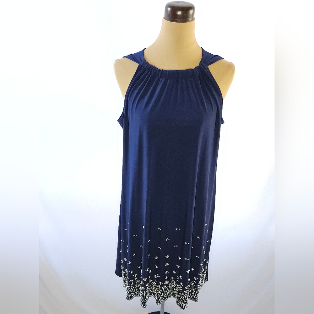 MSK Blue Sleeveless Dress with Pearl & Crystal Accents - L